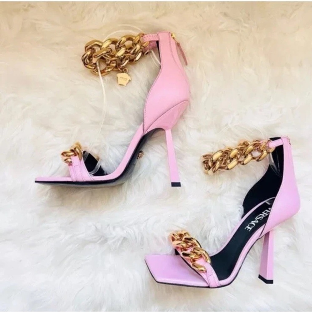 New! VERSACE Medusa Chain Square Toe Heels Pink Leather Gold Hardware Sandals - Picture 10 of 15